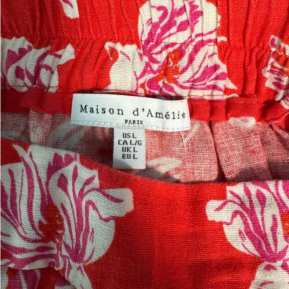 Maison d'Amelie Linen Blend Red Floral Beaded Sash Wide Leg Pant Women's Large - Picture 10 of 10